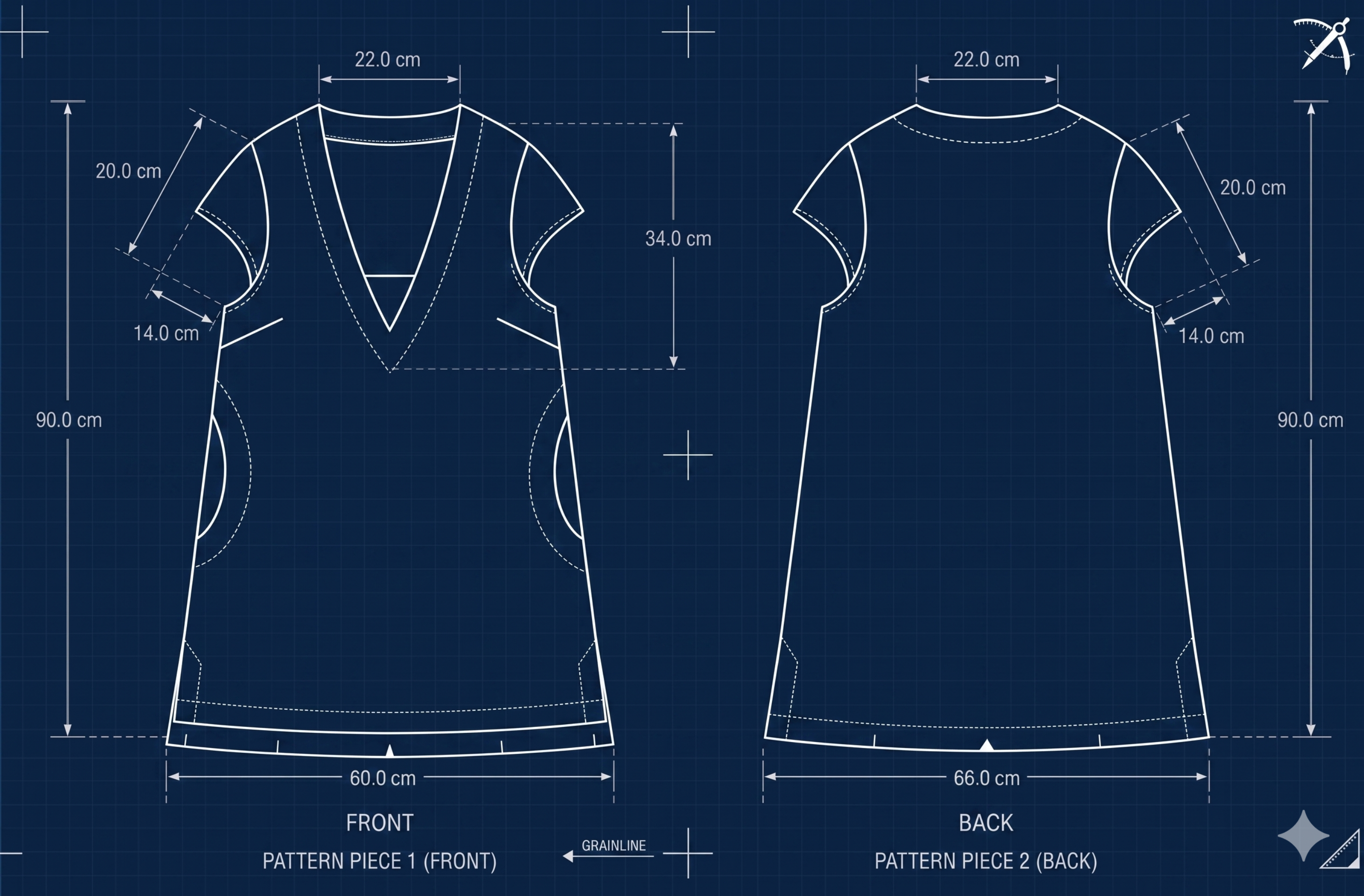 Technical drawing of a t-shirt pattern with measurements on a blue background