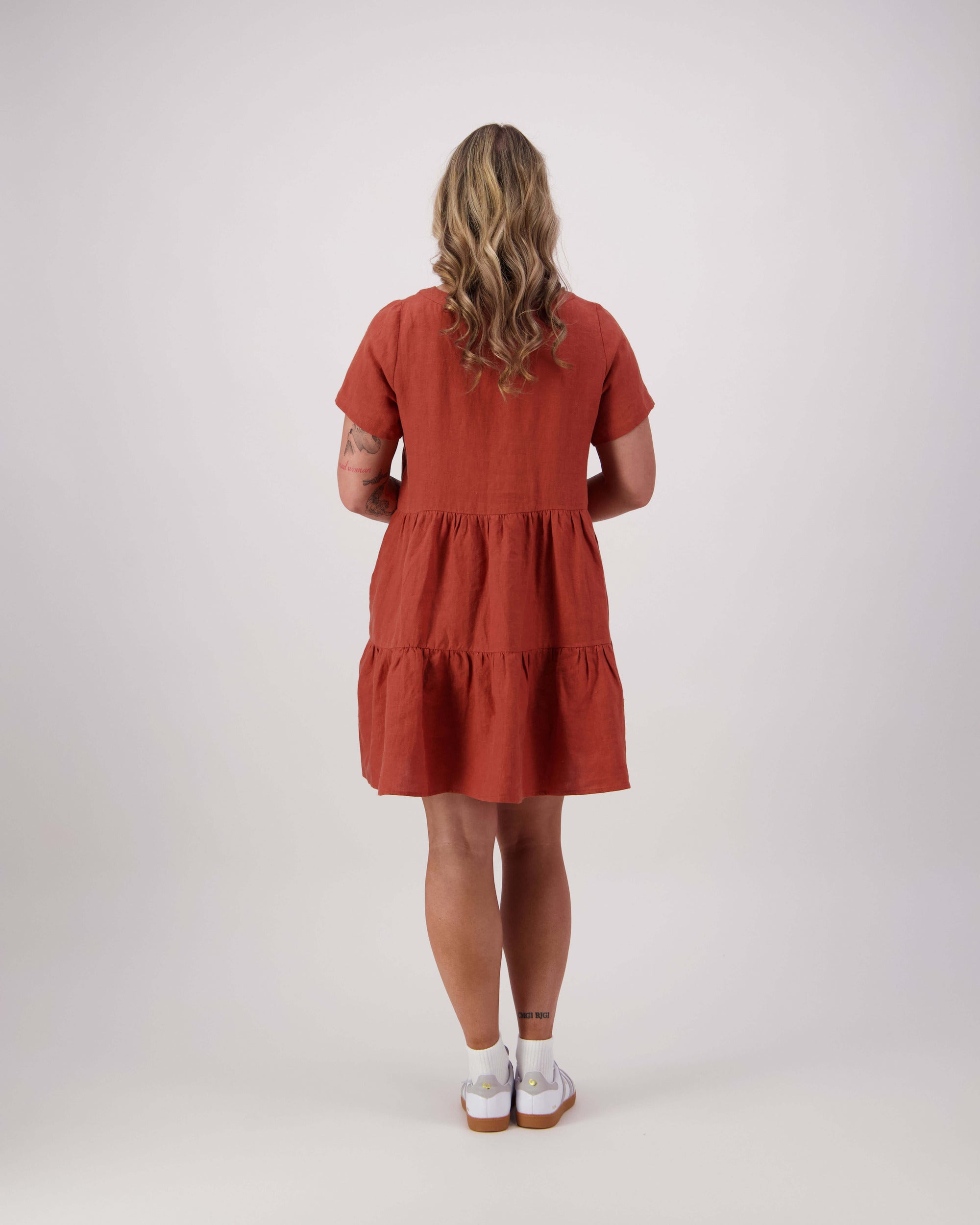 The Bridge by Lennox St. in terracotta - 100% linen knee length dress, back view.