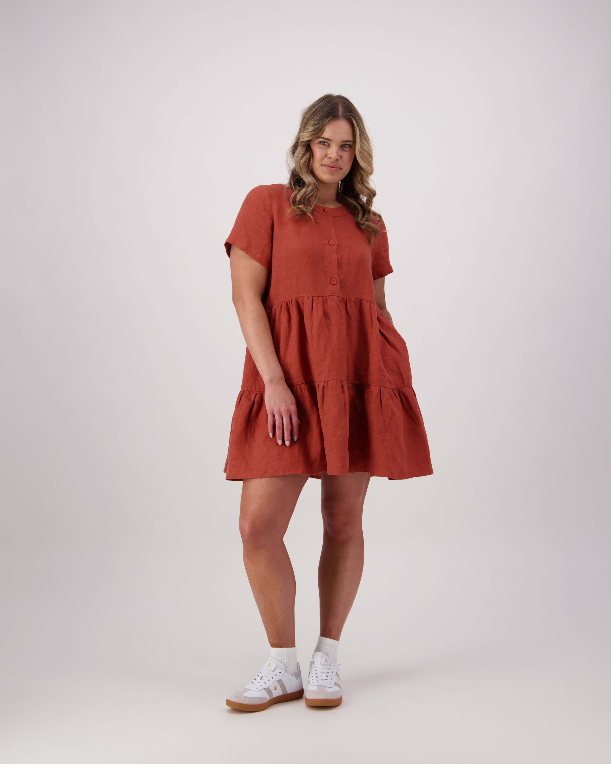 The Bridge by Lennox St. in terracotta - 100% linen dress, front view. Sizes 8-16 AU/NZ.