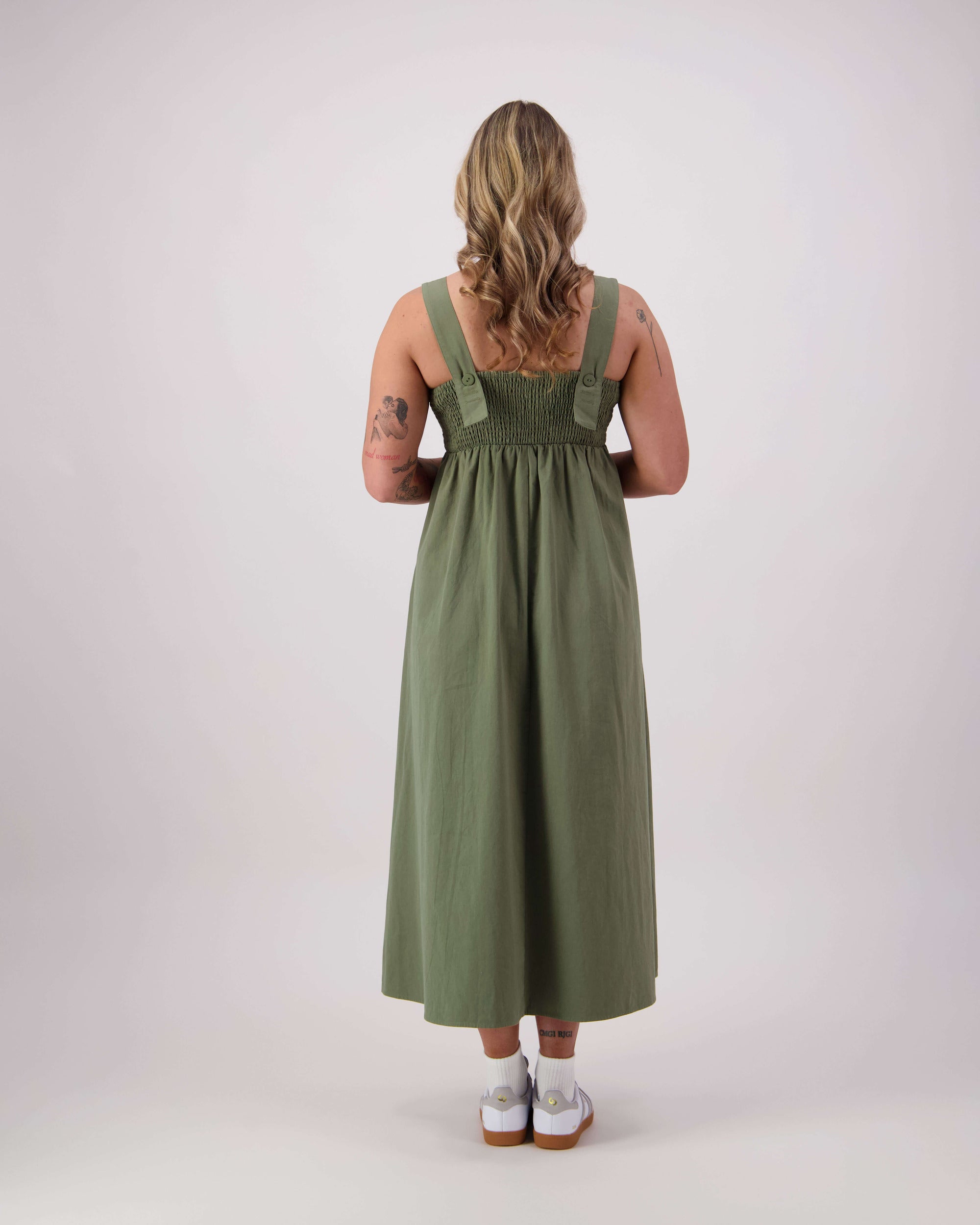 The Burnley by Lennox St. in sage - organic cotton maxi dress, back view.
