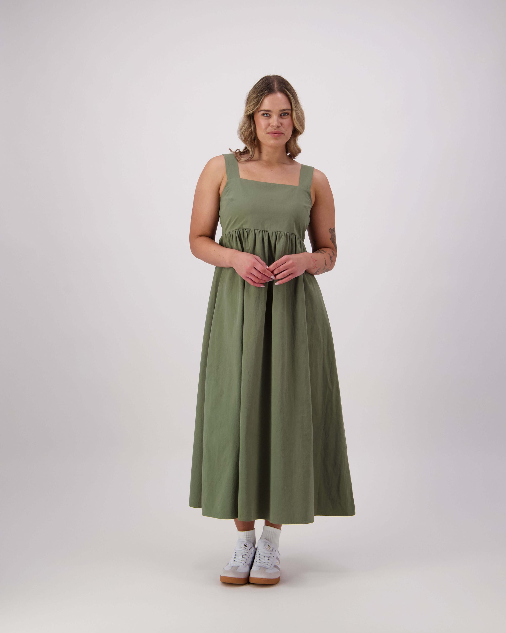 The Burnley by Lennox St. in sage - organic cotton maxi dress, front view. Sizes 8-16 AU/NZ.