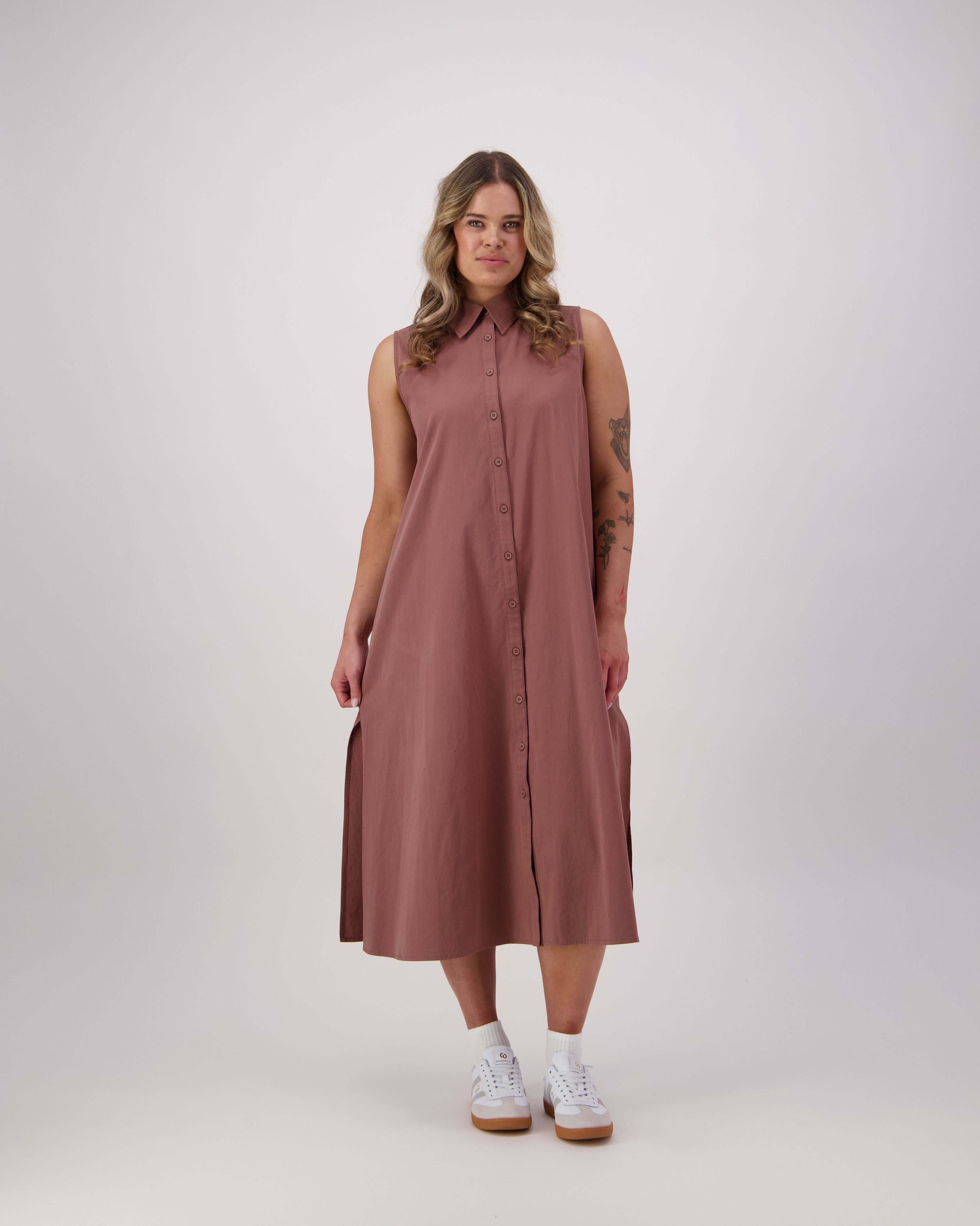 The Highett by Lennox St. in chocolate - organic cotton maxi dress, front view. Sizes 8-16 AU/NZ.