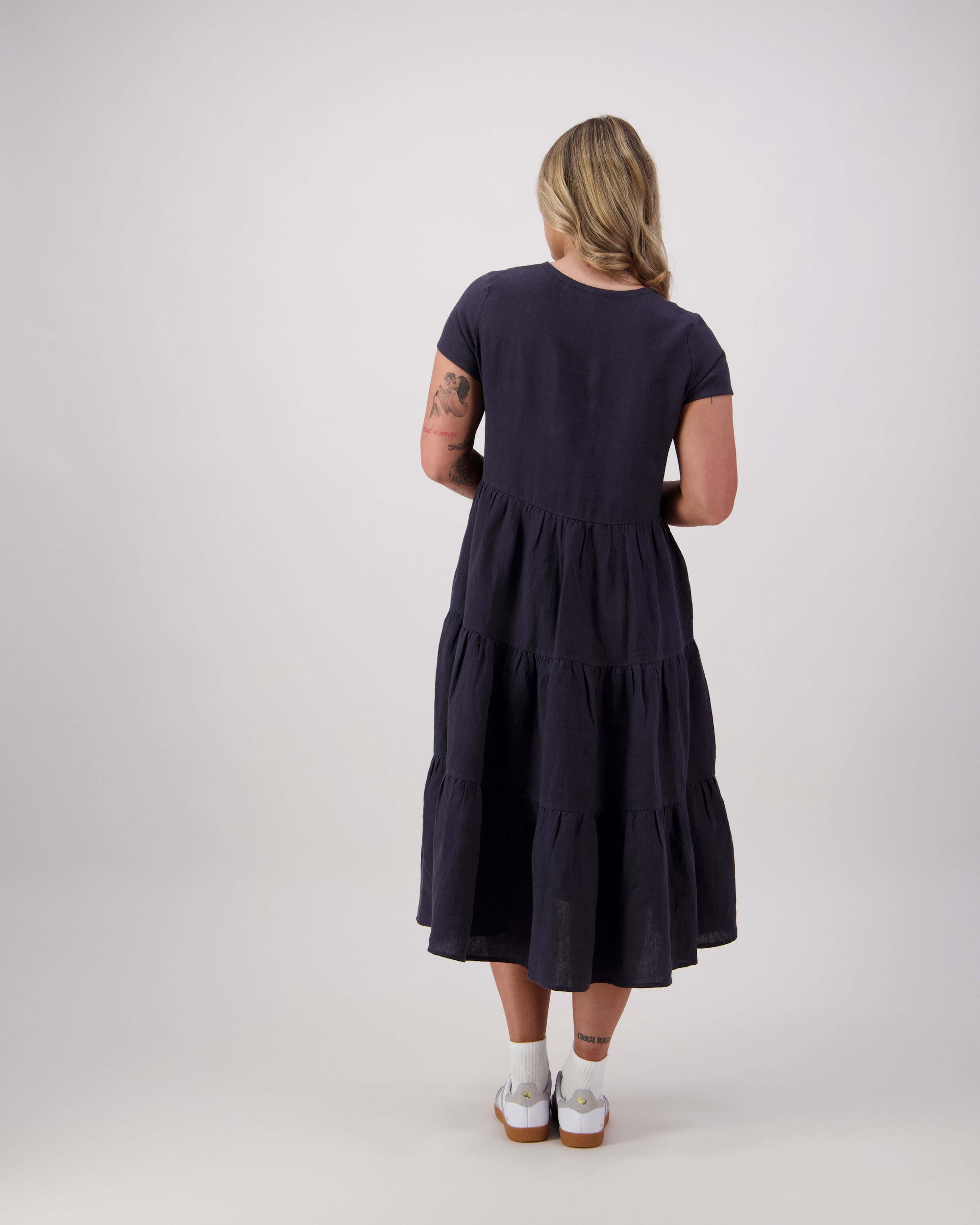 The Swan by Lennox St. in navy - relaxed linen midi dress, back view.