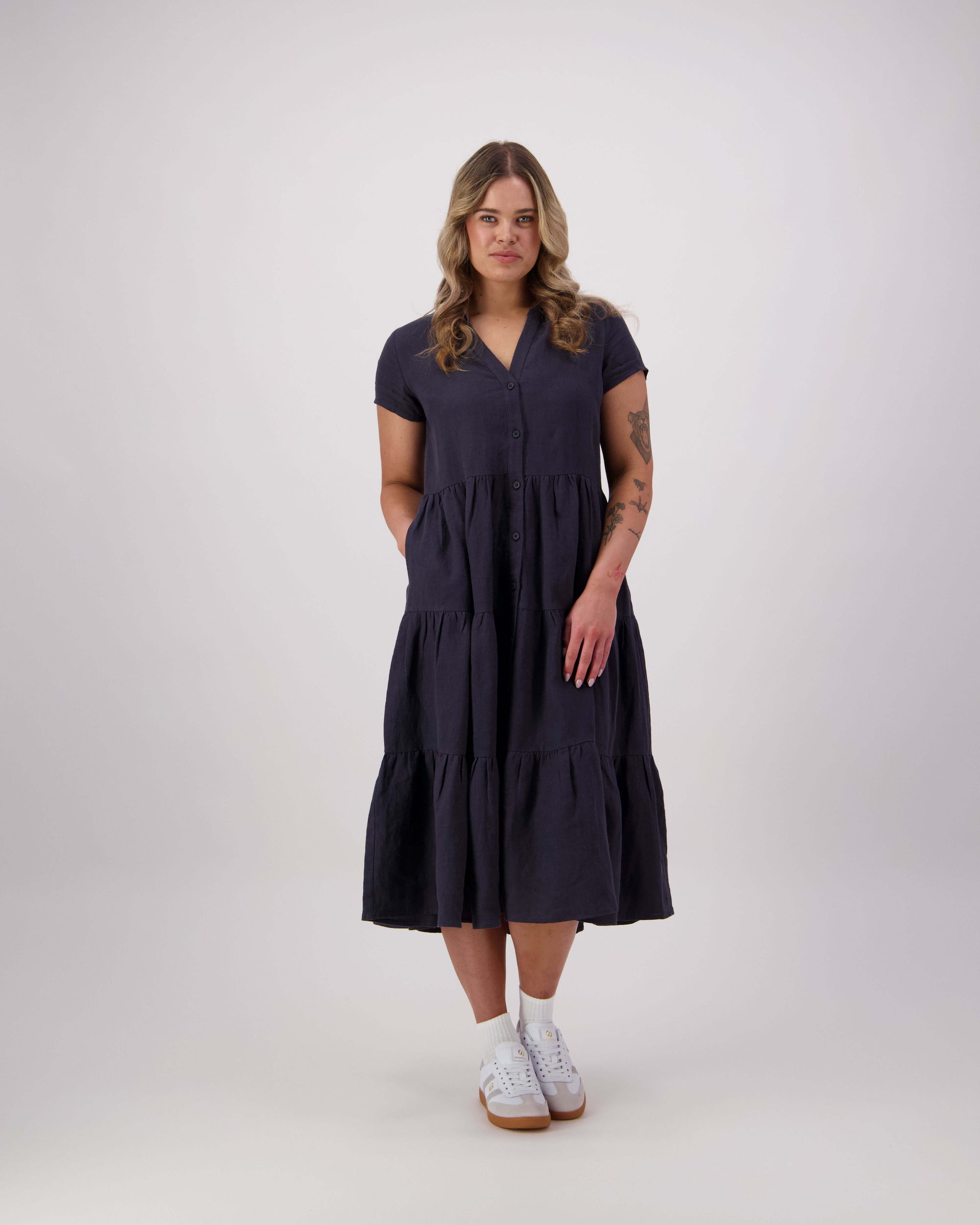 The Swan by Lennox St. in navy - relaxed linen midi dress, front view. Sizes 8-16 AU/NZ.